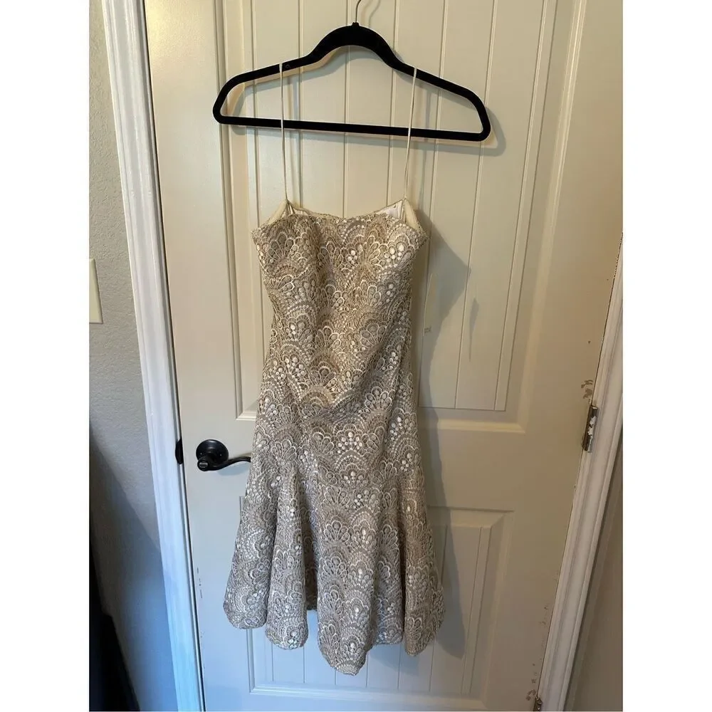 NWT Y2K Badgley Mishcka Strapless Lace Ivory Gold Midi Dress Women Size 6 SC1280